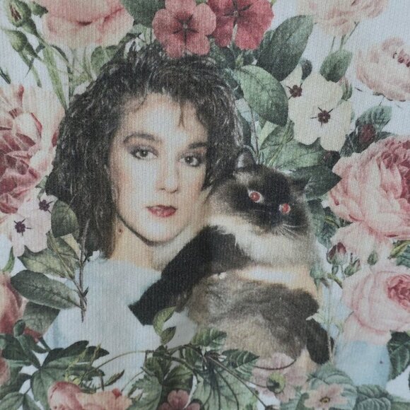 CELINE DION Cat Graphic Sweatshirt White Vintage Floral Sz M - Picture 3 of 5